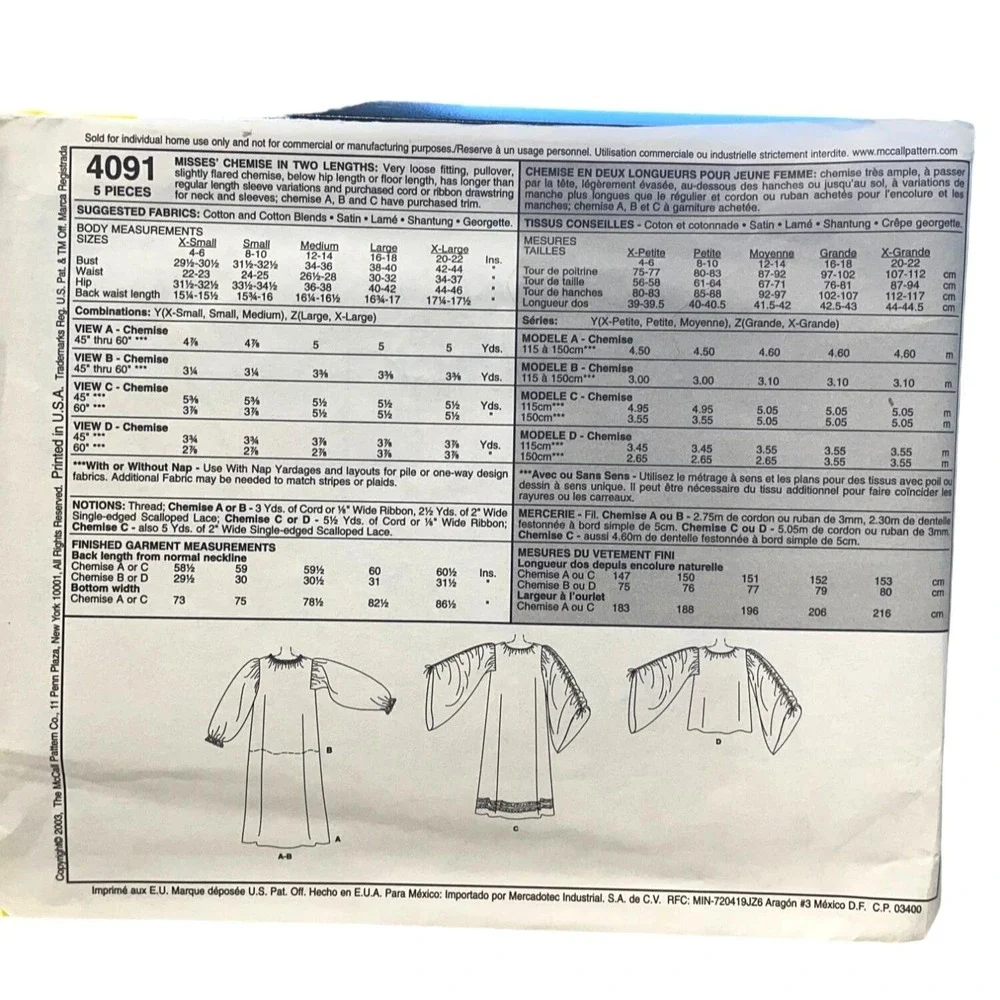 McCall's Sewing Pattern 4091 Costume Chemise In Two Lengths‎ Sz XS-M